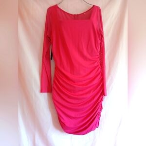 Hot Pink  Size L ,Long Sleeve Ruched Dress NWT .